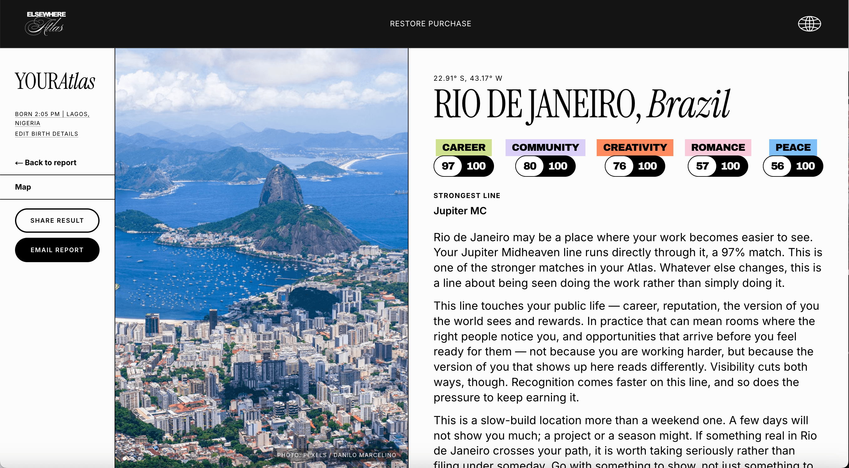 The Atlas report open on Rio de Janeiro, with its match scores and written reading.